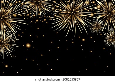 Fireworks are golden on a black background. A banner with festive fireworks. Vector illustration.