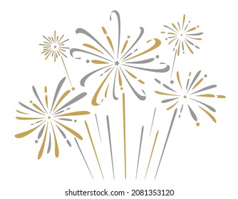 Fireworks are golden on a white background. A banner with festive fireworks. Vector illustration.