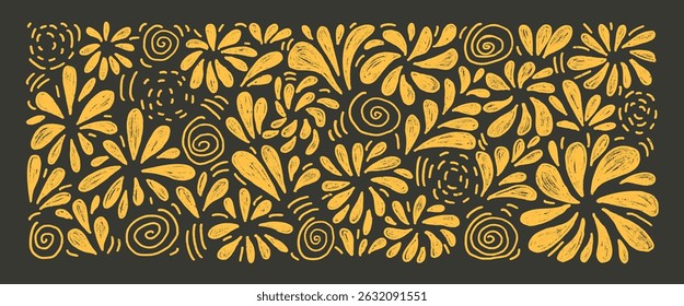Fireworks golden set. Crayon firecrackers and party sprinkles in doodle style on a dark night background. Summer carnival decoration. Vector pencil drawn illustration.