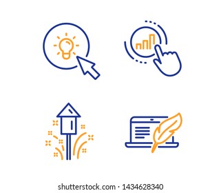 Fireworks, Graph chart and Energy icons simple set. Copyright laptop sign. Christmas pyrotechnic, Get report, Turn on the light. Writer device. Science set. Linear fireworks icon. Colorful design set