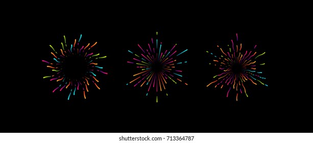 Formas gráficas do Fireworks. Ilustração vetorial de estourando conjunto de formas de estrelas coloridas. Elementos vintage decorativos para design. Símbolos pirotécnicos