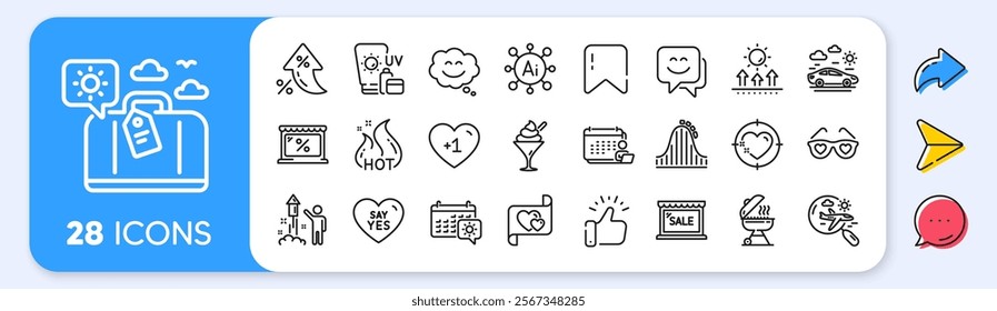 Fireworks, Grill and Sun protection line icons. Interest rate, AI generate, Inflation icons. Pack of Sunscreen, Smile face, Ice cream icon. Roller coaster, Smile chat, Heart target pictogram. Vector