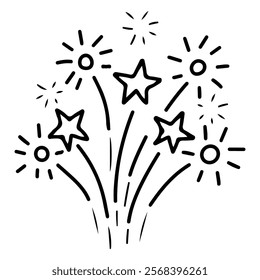 Fireworks hand drawn doodle illustration. Festive salute. Colorful explosion of bright lights. Celebration of holiday. Vector line art.