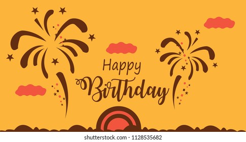 Fireworks Happy birthday Combination Creative Design, Orange Background Vector Art Illustration.