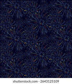 Fireworks, happy fireworks Seamless pattern. Vector graphic line ink illustration. celebration with background. design for fashion graphics, textile prints, fabrics, wallpapers.