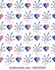 Fireworks and heart in American national flag colors. Seamless pattern for US Independence Day 4th of July.