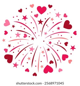 Fireworks heart Valentines day Graphic. Heart Shaped Fireworks. Romantic evening celebratory fireworks and hearts. Bursts, symbolizing love and celebration