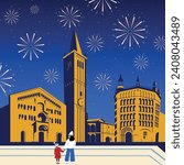 Fireworks in the historic center of Parma Italy. Italy, Parma skyline, city Parma, Regio Emilia. Parma cityscape with famous landmarks, city sights, landscape. 