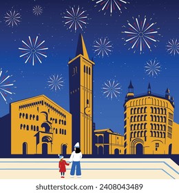 Fireworks in the historic center of Parma Italy. Italy, Parma skyline, city Parma, Regio Emilia. Parma cityscape with famous landmarks, city sights, landscape. 