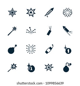 Fireworks icon. collection of 16 fireworks filled icons such as explosion, sparklers. editable fireworks icons for web and mobile.