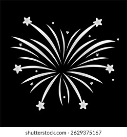 Fireworks icon collection. Fireworks with stars and sparks isolated on white background. Simple black line icon of fireworks isolated on transparent background in comic sketch doodle style. Holiday 