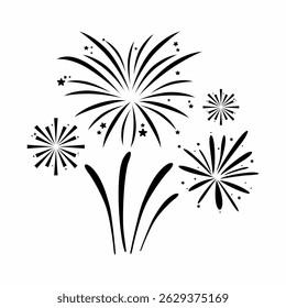 Fireworks icon collection. Fireworks with stars and sparks isolated on white background. Simple black line icon of fireworks isolated on transparent background in comic sketch doodle style. Holiday 