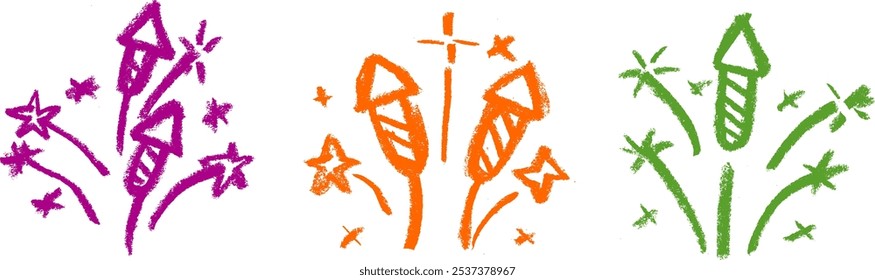 Conjunto de Vector de dibujo de tiza de crayón de iconos de fuegos artificiales