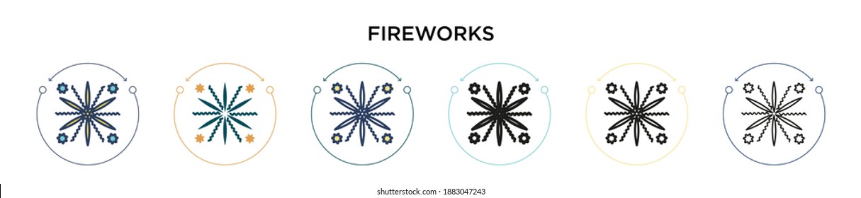 Fireworks icon in filled, thin line, outline and stroke style. Vector illustration of two colored and black fireworks vector icons designs can be used for mobile, ui, web