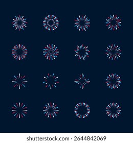 Fireworks icon. Firework vector set. Blue red and white fireworks exploading in the sky. Isolated firework signs.