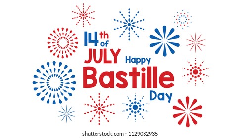 fireworks icon Lettering 14th july happy bastille day with white background