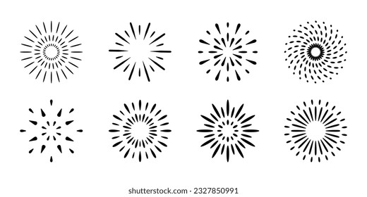 Fireworks icon mark, radial light, ray vector illustration black and white material set