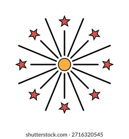 Fireworks Icon with Radiating Lines and Red Stars in Clean Flat Style