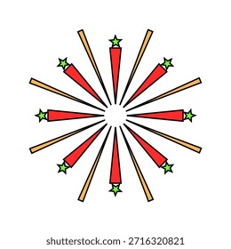 Feuerwerk Symbol mit roten Burst Strahlen grüne Sterne und fette flache Umriss Stil
