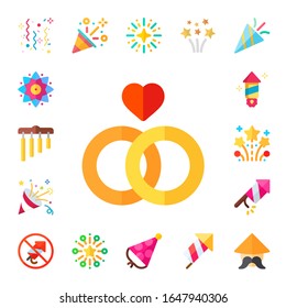 fireworks icon set. 17 flat fireworks icons. Included confetti, rangoli, chimes, marriage, no fireworks, party hat, chinese icons