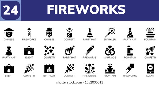 fireworks icon set. 24 filled fireworks icons.  Collection Of - Chinese, Fireworks, Confetti, Party hat, Sparkler, Fountain, Event, Marriage, Birthday icons