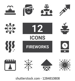 fireworks icon set. Collection of 12 filled fireworks icons included Fireworks, Chinese, Birthday, Event, Confetti, Fountain, Armenian