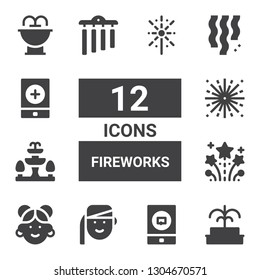 fireworks icon set. Collection of 12 filled fireworks icons included Fountain, Event, Armenian, Chinese, Fireworks, Chimes, Confetti