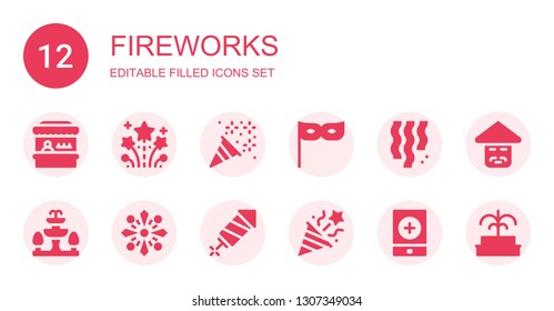 fireworks icon set. Collection of 12 filled fireworks icons included Fairground, Fireworks, Confetti, Party, Fountain, Event, Chinese