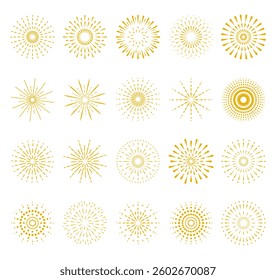 Fireworks icon set. Collection of various fireworks isolated on white background. Festive decoration for birthday, new year, festival, wedding. Vector illustration