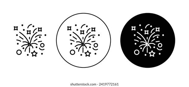 Fireworks icon Set. Firework sparkle Celebrate vector symbol in a black filled and outlined style. Night Firecracker explosive sign.