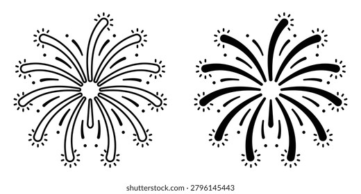 Fireworks icon set in outlined drawings with flat version.