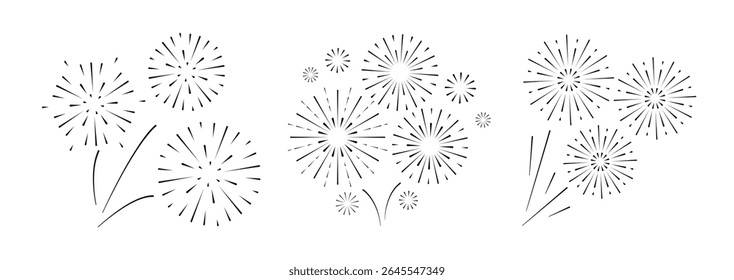 Fireworks icon set. Round black Firecracker. Happy New year, Holiday and party decoration elements. Round silhouette isolated on white background. Radial light beams salute sparks