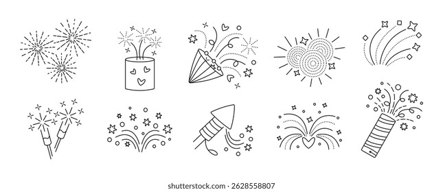Fireworks icon set. Sparklers and firecrackers black line pictograms. Salute, sparkle editable stroke signs. Vector collection for festive events, confetti and sparkles symbols