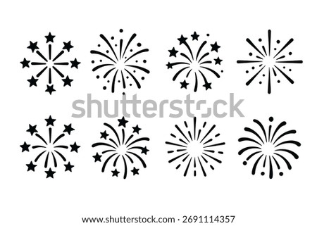 Fireworks icon set. Vector black symbols of celebration and festive glyph illustrations