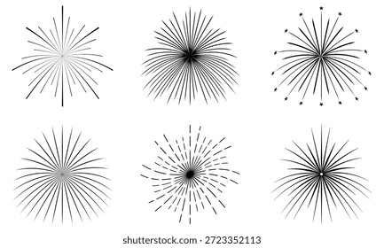 Fireworks Icon Set Vector, Minimal Fireworks Icon Set With Six Black, Clean Black Strokes On White Background, Clean Vector Line Art, Varied Strokes And Effects.