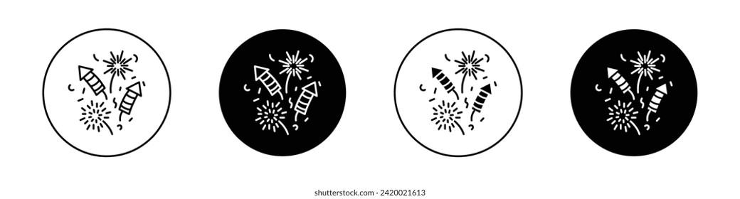 Fireworks icon set.Pyrotechnic rocket fire vector symbol in a black filled and outlined style.Anniversary Celebrate Firecracker Sparkle sign.