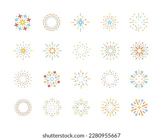 Fireworks icons color set. Collection of red and yellow lights. Symbol of holiday, event and festival. Party colorful sparkles pack. Cartoon flat vector illustrations isolated on white background