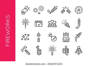 Fireworks icons. Large set of various fireworks trendy minimal icons. Includes sparklers, rockets, firecrackers, aerial bursts. Example: Rocket, Firecracker, Sparkler, Burst. Vector illustration