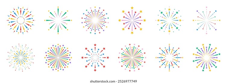 Fireworks icons set, colorful celebration symbols