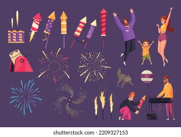 Fireworks icons set with festival symbols flat isolated vector illustration