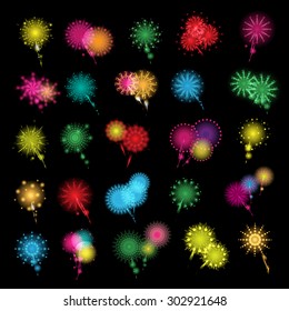 Fireworks Icons Set - Isolated On Black Background - Vector Illustration, Graphic Design, Editable For Your Design