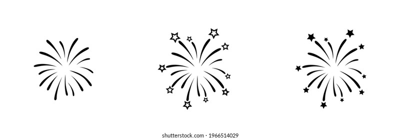Fireworks icons set on white background for celebration design. Firework sunburst icon set. Fireworks collection. Celebration concept. Pyrotechnic icons. Vector graphic. EPS 10