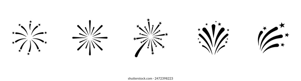 Fireworks icons set on white background for celebration design. Firework sunburst icon set. Fireworks collection. Celebration concept. Pyrotechnic icons. Vector Illustration.  Vector graphic. EPS 10