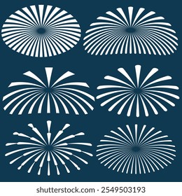 Ícones do Fireworks definidos em plano de fundo branco para design comemorativo. Conjunto de ícones de explosão solar do Firework. Coleção do Fireworks. Conceito de celebração. Ícones pirotécnicos. Gráfico vetorial. eps 10.