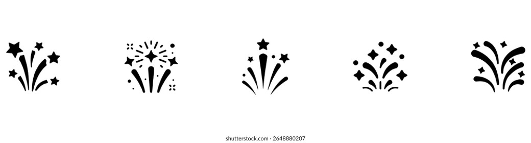 Ícones do Fireworks definidos em plano de fundo branco para design comemorativo. Conjunto de ícones de explosão solar do Firework. Coleção do Fireworks. Conceito de celebração. Ícones pirotécnicos. Ilustração de vetor.  Gráfico vetorial. EPS 10