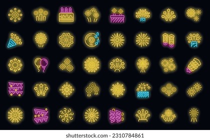 Fireworks icons set outline vector. New year. Celebrate people neon color on black