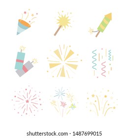Fireworks icons set. Pyrotechnics cartoon Illustrations. New Year, birthday, anniversary party firecrackers and rockets