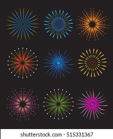 Fireworks icons set. Fireworks vector on black background. Holiday and party firework icons collection. Vector illustration