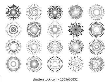 Fireworks icons. Sunburst rays and explosion symbols, Christmas and birthday party celebration pyrotechnics. Vector set hand drawn burst with circle light sparks for entertainment and anniversary