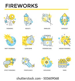 Fireworks-Symbole, dünne Linie, flaches Design